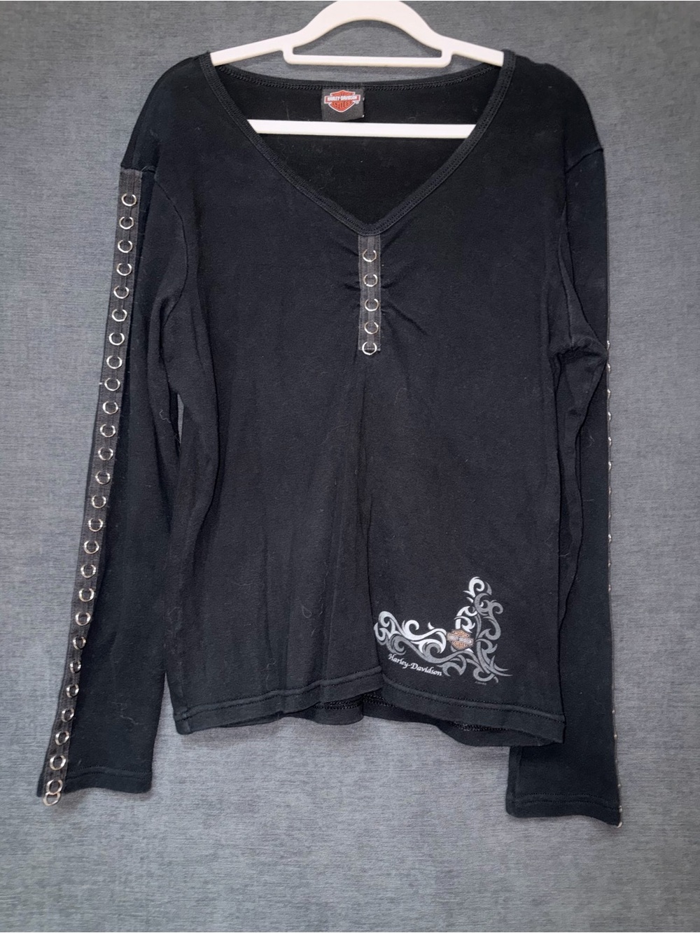 Harley-Davidson Black Long-Sleeve V-Neck Top with Eyelet Sleeve Detail